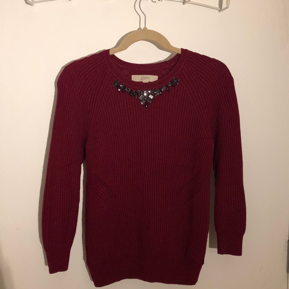 LOFT Red Bejeweled Sweater, Size XS
